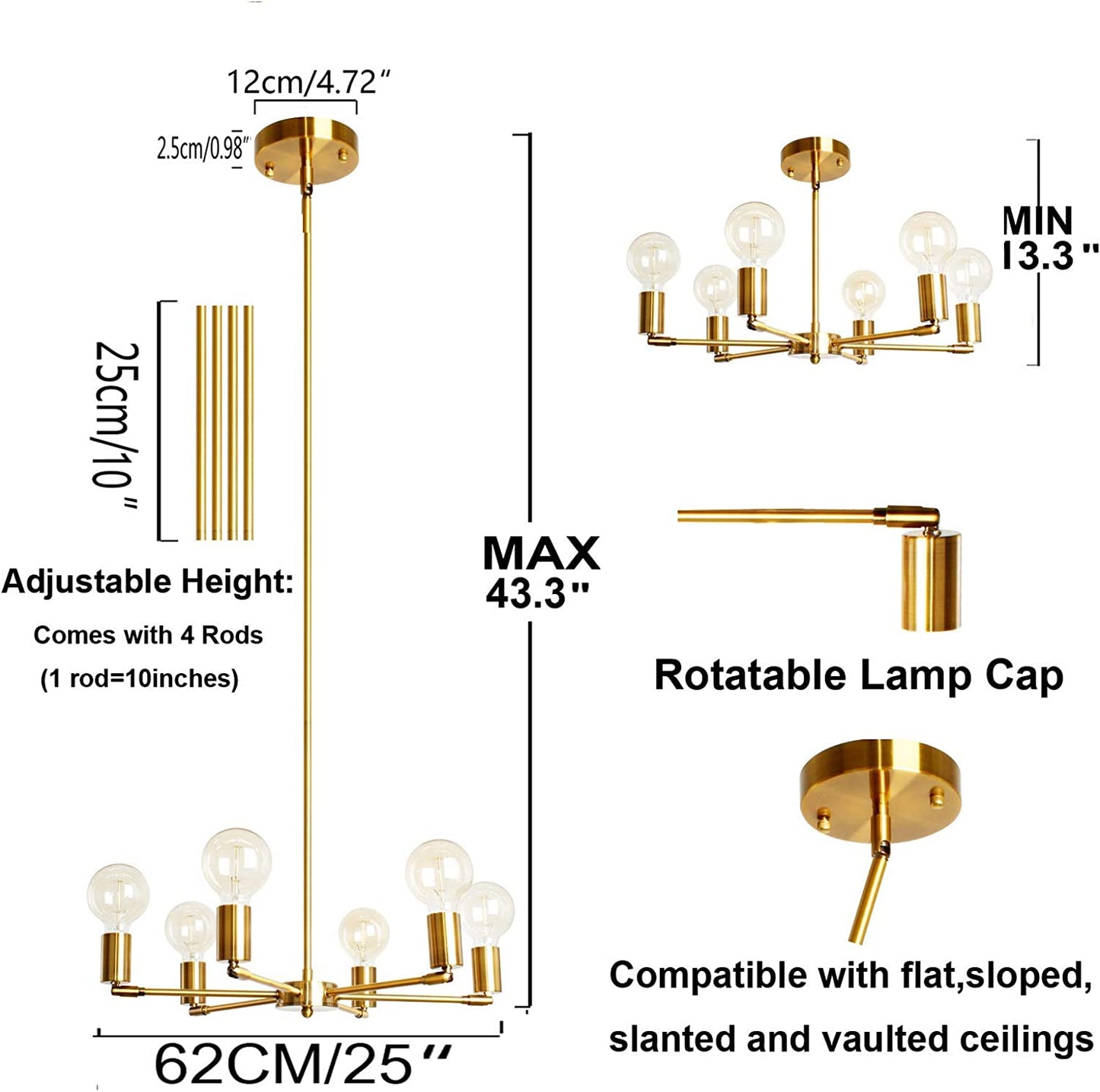 BAODEN 6-Lights Fixture Modern Gold Sputnik Chandelier Brushed Brass Mid Century Pendant Light Semi Flush Mount Hanging Lamps for Dining Bedroom Kitchen Lighting