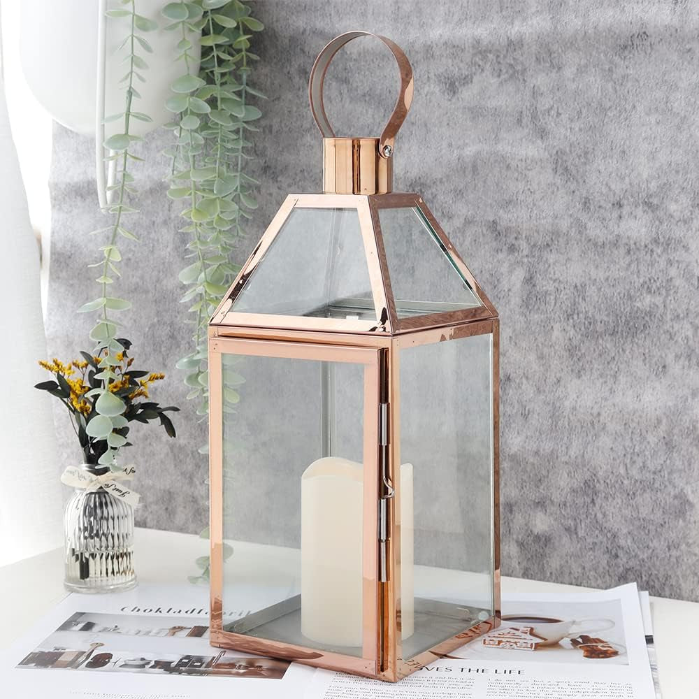 Rose Gold Decorative Lanterns 16 Inch High Stainless Steel Candle Lanterns with Tempered Glass for Indoor Outdoor Events Parities and Weddings