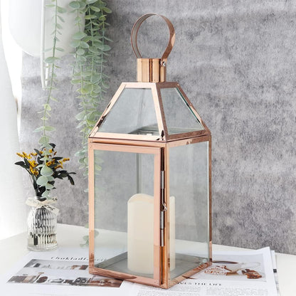 Rose Gold Decorative Lanterns 16 Inch High Stainless Steel Candle Lanterns with Tempered Glass for Indoor Outdoor Events Parities and Weddings