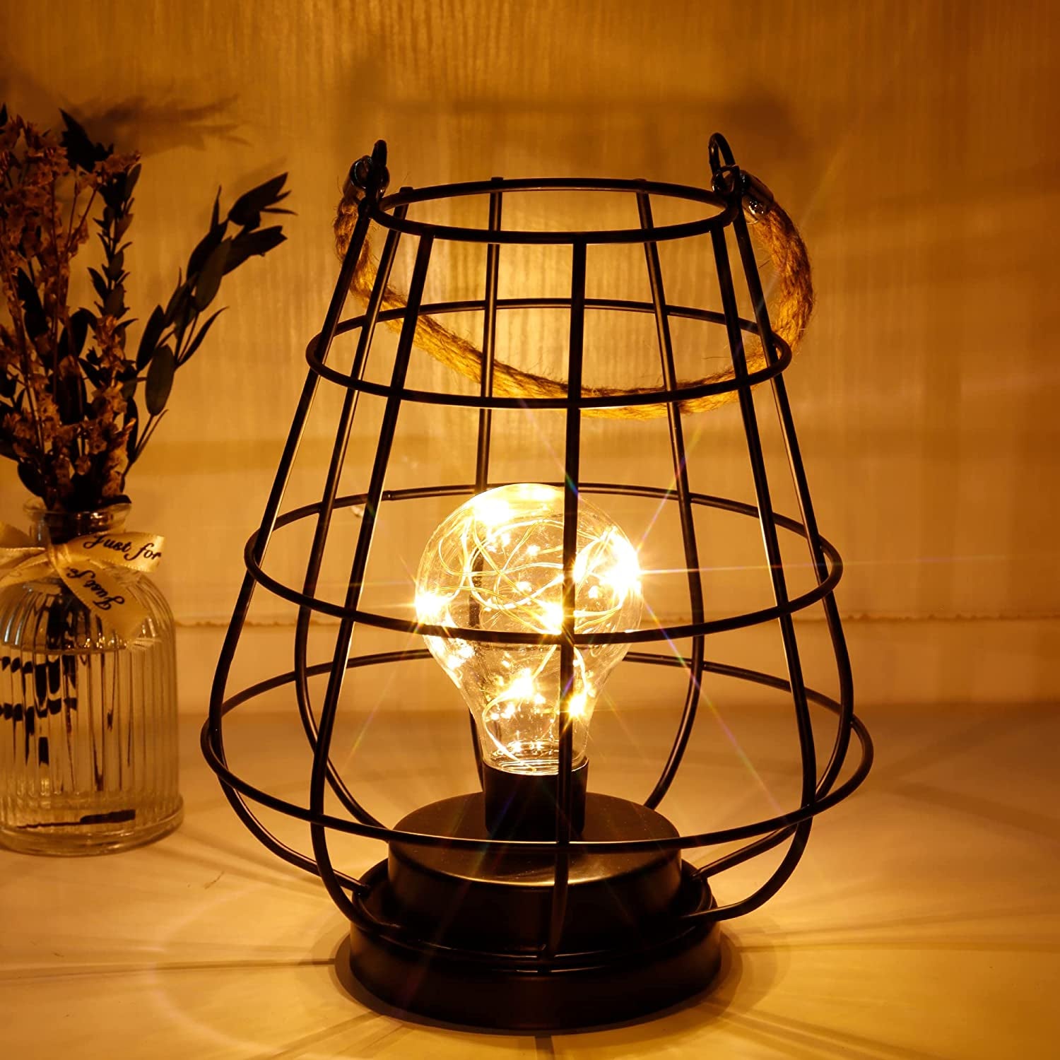 8.5" Cage Bulb Lantern Decorative Lamp Battery Powered Cordless Accent Light with Warm White Fairy Lights LED Edison Bulb Lamp for Living Room Bedroom Kitchen Wedding(Black)