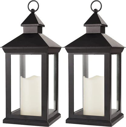 Bright Zeal 2-Pack 14" Decorative Candle Lantern Black Outdoor Lanterns with Timer Candles - IP44 Waterproof Vintage Lanterns Battery Powered LED Decorative for Wedding - Hanging Wall Lanterns Indoor