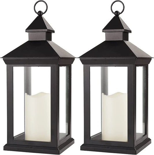 Bright Zeal 2-Pack 14" Decorative Candle Lantern Black Outdoor Lanterns with Timer Candles - IP44 Waterproof Vintage Lanterns Battery Powered LED Decorative for Wedding - Hanging Wall Lanterns Indoor