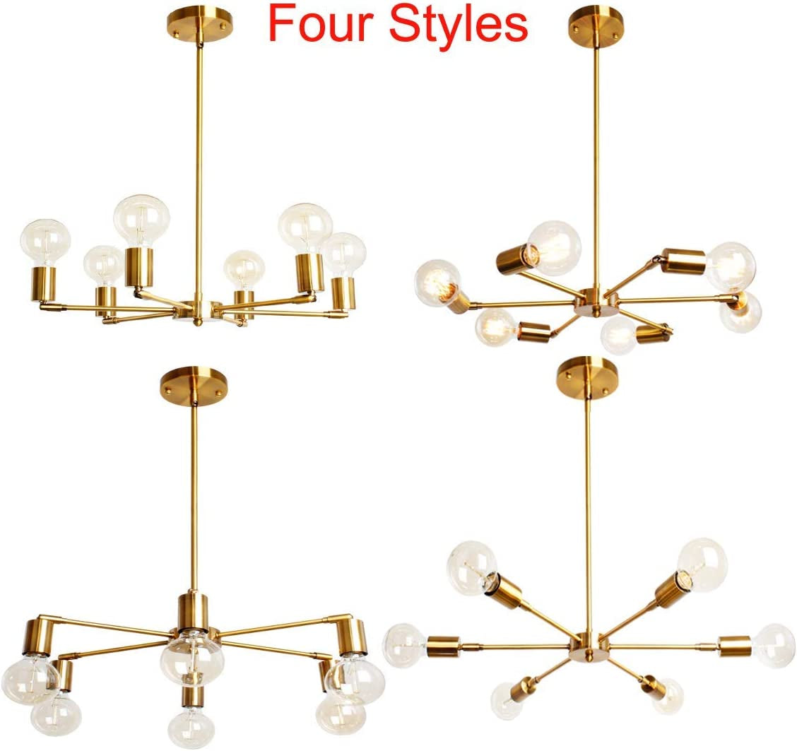 BAODEN 6-Lights Fixture Modern Gold Sputnik Chandelier Brushed Brass Mid Century Pendant Light Semi Flush Mount Hanging Lamps for Dining Bedroom Kitchen Lighting