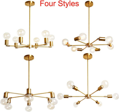 BAODEN 6-Lights Fixture Modern Gold Sputnik Chandelier Brushed Brass Mid Century Pendant Light Semi Flush Mount Hanging Lamps for Dining Bedroom Kitchen Lighting