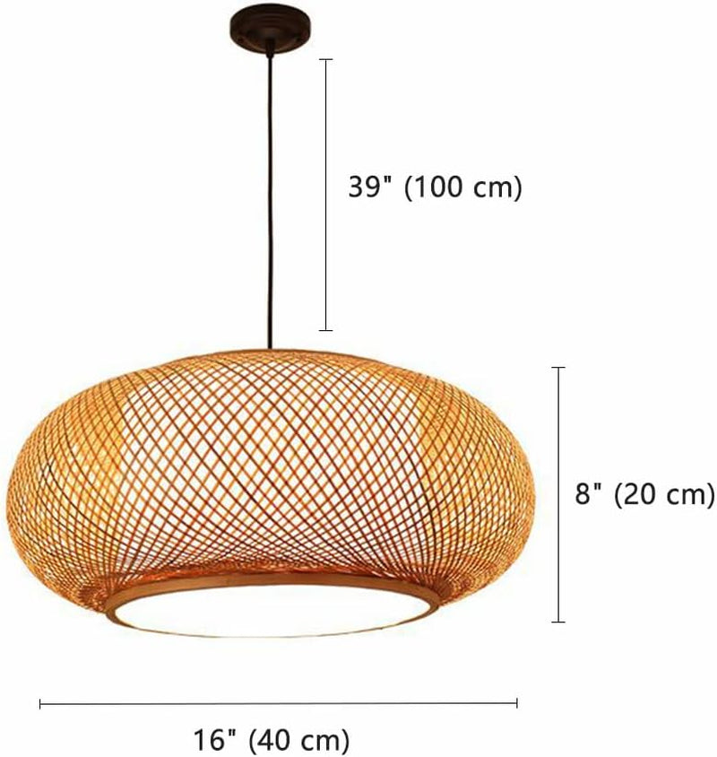 Antique Lantern Pendant Lighting Rattan Single Light Weaving Natural Wooden Ceiling Hanging Light Beige Bamboo Ceiling Fixture with Adjustable Cord for Dining Room Living Room Restaurant - 16"