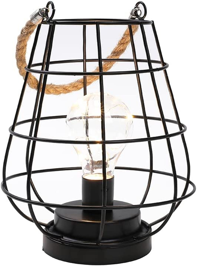 8.5" Cage Bulb Lantern Decorative Lamp Battery Powered Cordless Accent Light with Warm White Fairy Lights LED Edison Bulb Lamp for Living Room Bedroom Kitchen Wedding(Black)