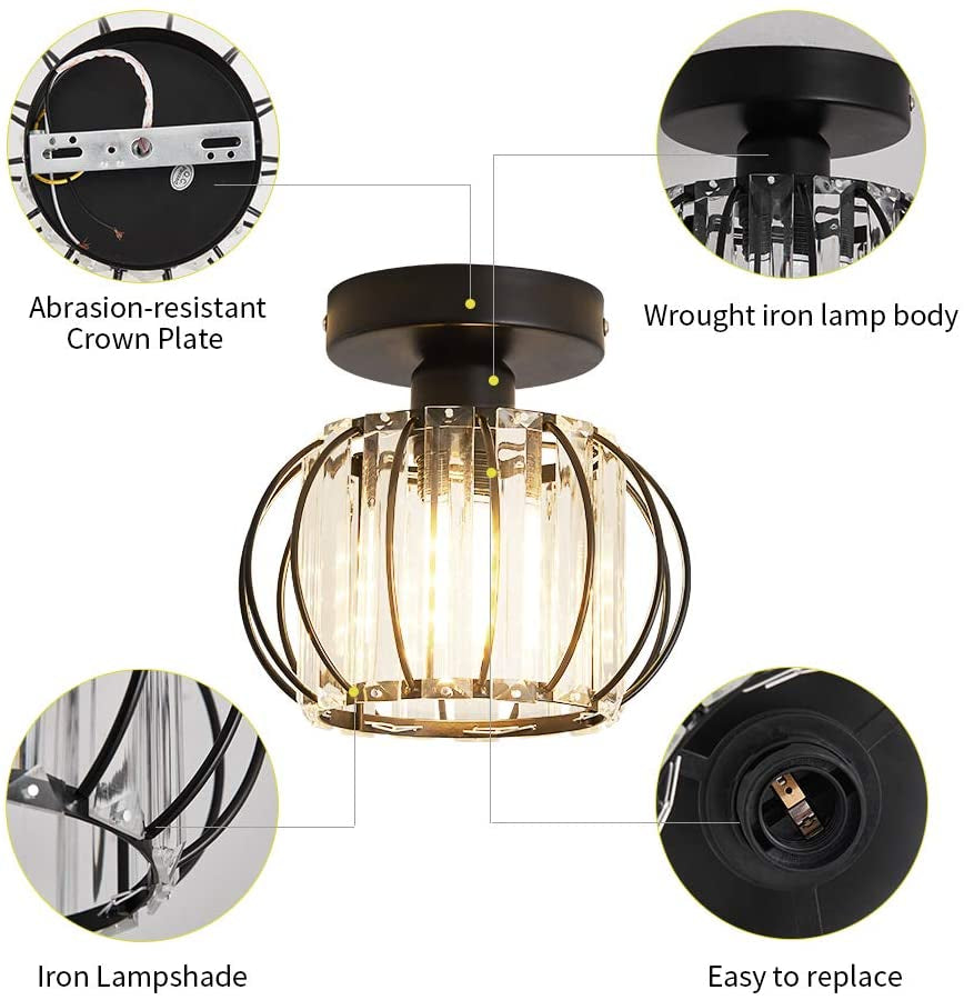 Semi Flush Mount Ceiling Light Fixture Antique Small Crystal Chandelier Indoor Lighting for Bathroom Hallway Cafe Bar Porch Hall（Black）