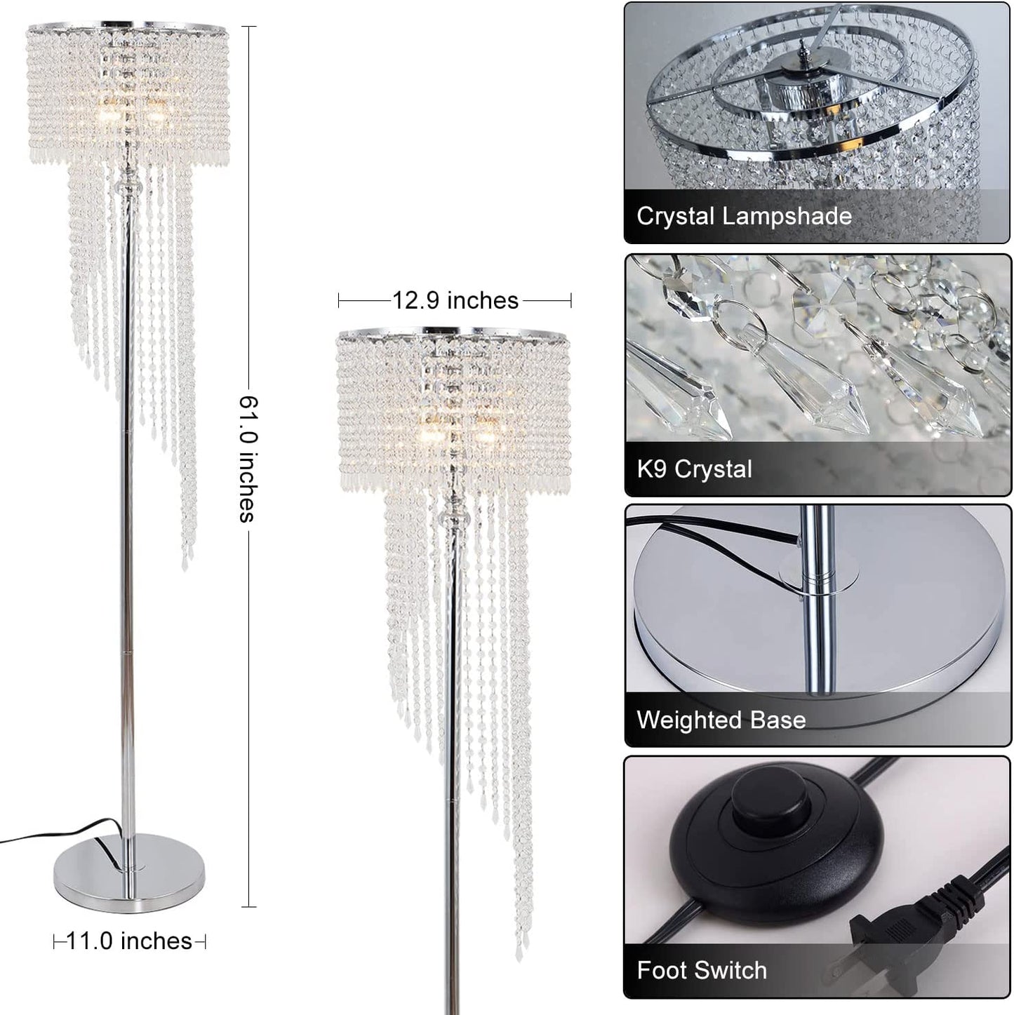 Hsyile Lighting KU300160 Modern Style Floor Lamp Chrome Finish and Plentiful Crystals,3 Lights