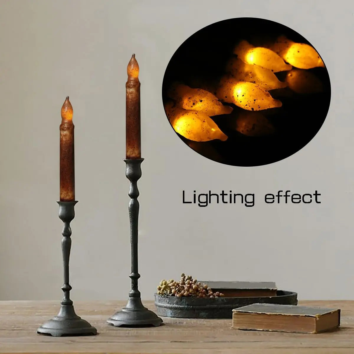 Set of 6 Vintage LED Taper Candles Lights Battery Operated Brightly Realistic Yellow Flicker Wax Flameless Candles for Wedding Centerpieces,Window, Chandelier, Christmas(Brown Body)