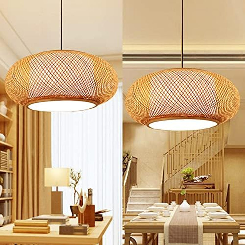 Antique Lantern Pendant Lighting Rattan Single Light Weaving Natural Wooden Ceiling Hanging Light Beige Bamboo Ceiling Fixture with Adjustable Cord for Dining Room Living Room Restaurant - 16"