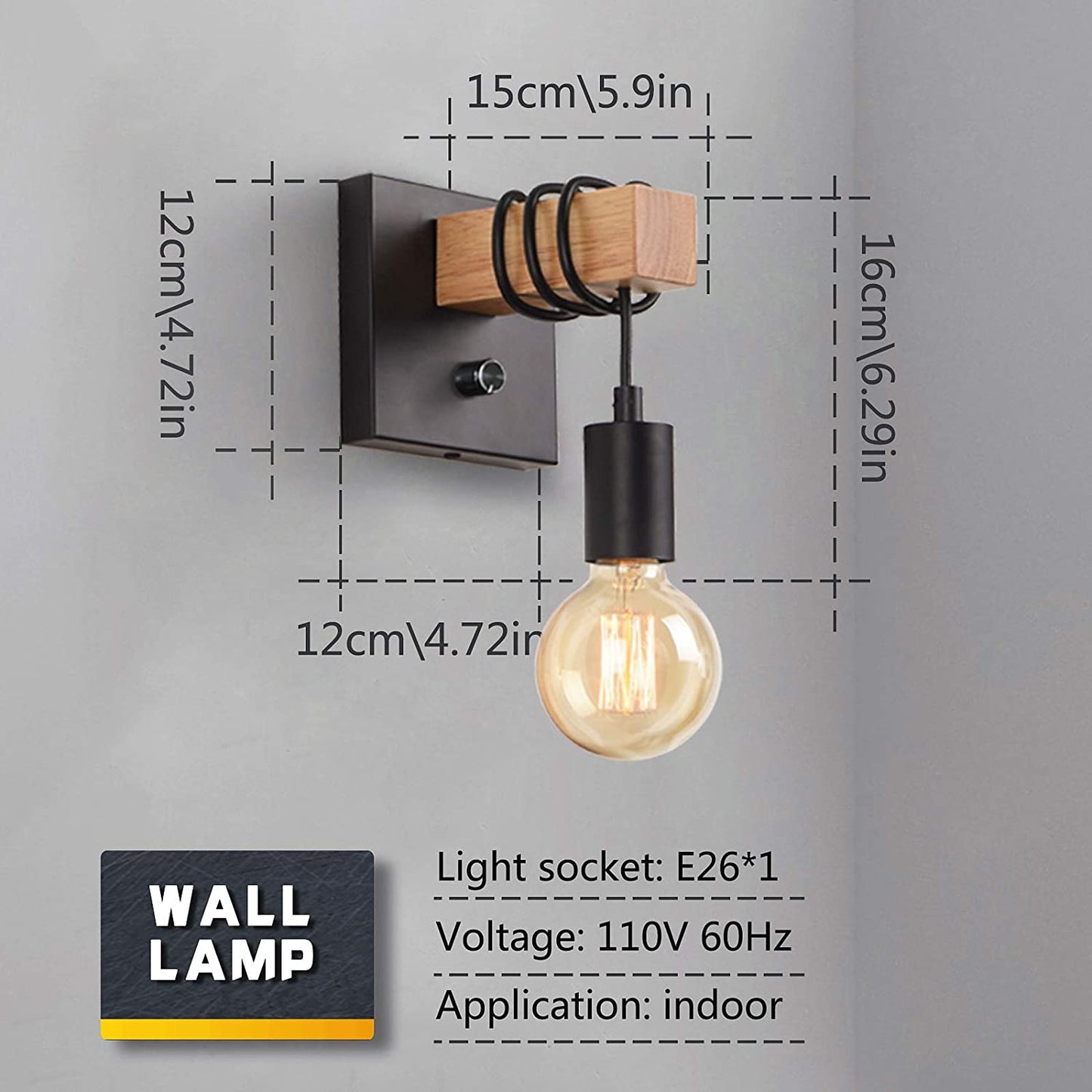 Black Wall Sconces Dimmable, Edison Wall Light with On/Off Dimmer Switch, 1-Light Industrial Farmhouse Wall Lamp for Barn Kitchen, Living Room, LG9928784