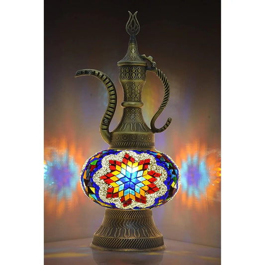 Turkish Pitcher Lamp, Mosaic Teapot Table Lamp, Antique Bohemian Decorative Glass Moroccan Vintage Lamp Shade, Desk Bedside Stained Glass Light with E12 Socket and US Plug